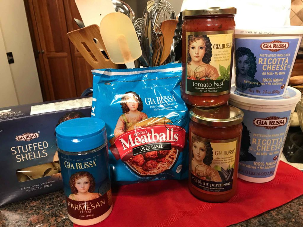 Gia Russa Products: Stuffed Shells, Grated Parmesan Cheese, Meatballs, Tomato Basil Pasta Sauce, Eggplant Parmesan Pasta Sauce and Ricotta Cheese